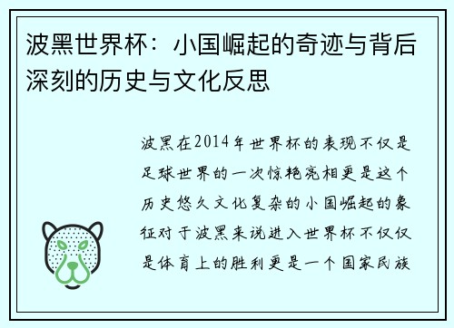 波黑世界杯：小国崛起的奇迹与背后深刻的历史与文化反思